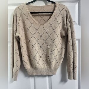Tan, Pointelle Knit, Off The Shoulder  Sweater  - Size L